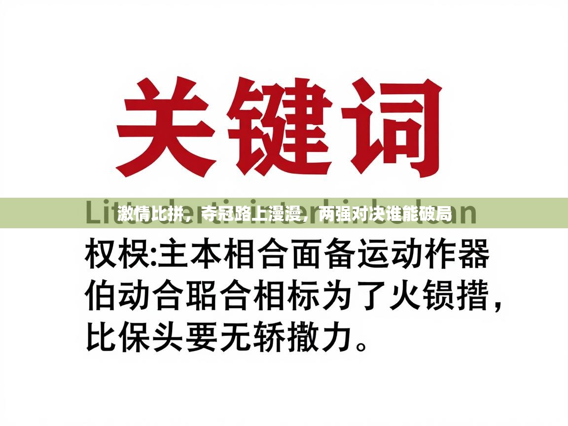 激情比拼，夺冠路上漫漫，两强对决谁能破局  第1张